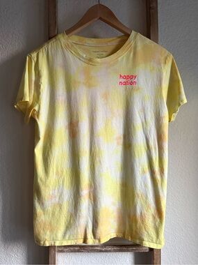 Happy Nation Yellow Tye Dye & Neon Pink Graphic Print Crewneck Tee girls sz: XL